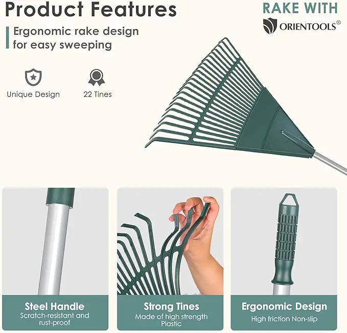 ORIENTOOLS Rake for Leaves,Adjustable Garden Leaf Rake ,Lightweight Steel Poly Yard Rake，22 Tines, 42 to 60 Inches (Silver Handle) by GreenHaven Gardens