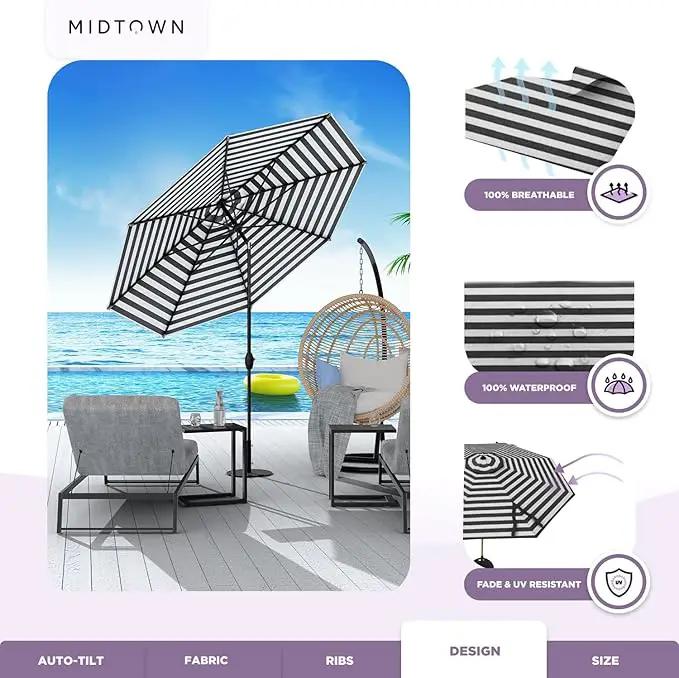 Midtown Umbrellas 10-Year-No-Fade - 8 Ft - UV Proof Black/White Stripes Fabric - Umbrella Outdoor Patio, Auto-Tilt Aluminum Frame Patio Umbrella for Garden, Pool & Deck - Black Pole by GreenHaven Gardens