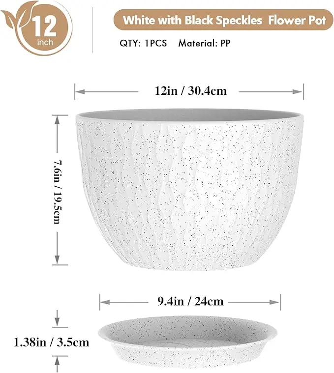12 Inch Wide Water Ripples Flower Pots for Indoor or Outdoor Plants, Large Plant Pots with Drainage Holes & Saucer, Plastic Planters Set for Garden & Home Decor (White with Black Speckles) by GreenHaven Gardens