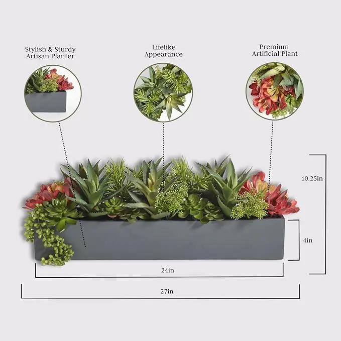Oblong Faux Succulent Arrangement, Premium Artificial Indoor Plant Enhances Interior Design, Display on any Surface in Your Home Adding an Inviting Touch of Nature, Grey Planter Pot Included by GreenHaven Gardens