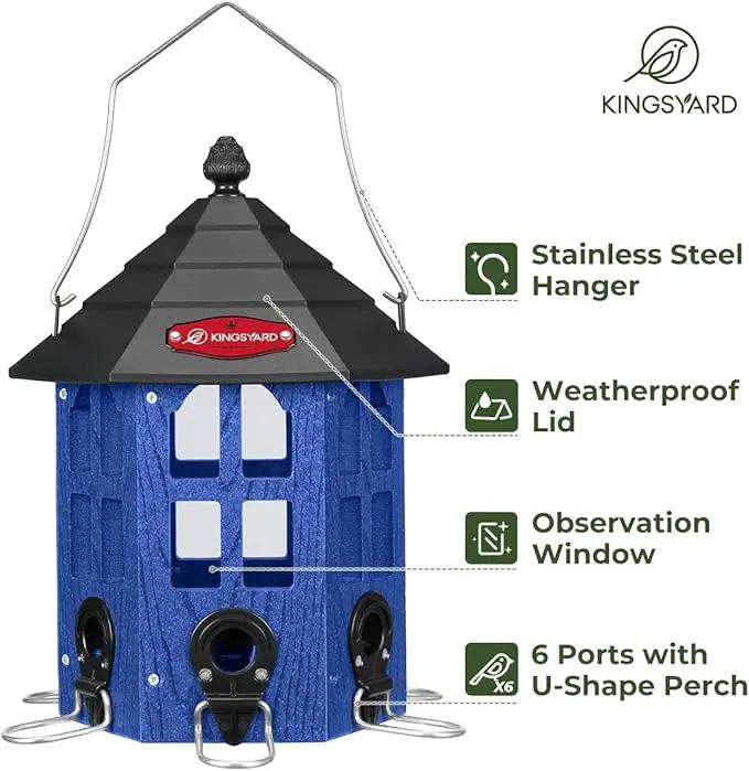 Kingsyard Wild Bird Feeder for Outdoor Hanging, Recycled Plastic Bird Feeders with 6 Ports & U-Shape Perch, Garden Yard Outside Decoration, 3.5 lbs Seed Capacity, Blue by GreenHaven Gardens