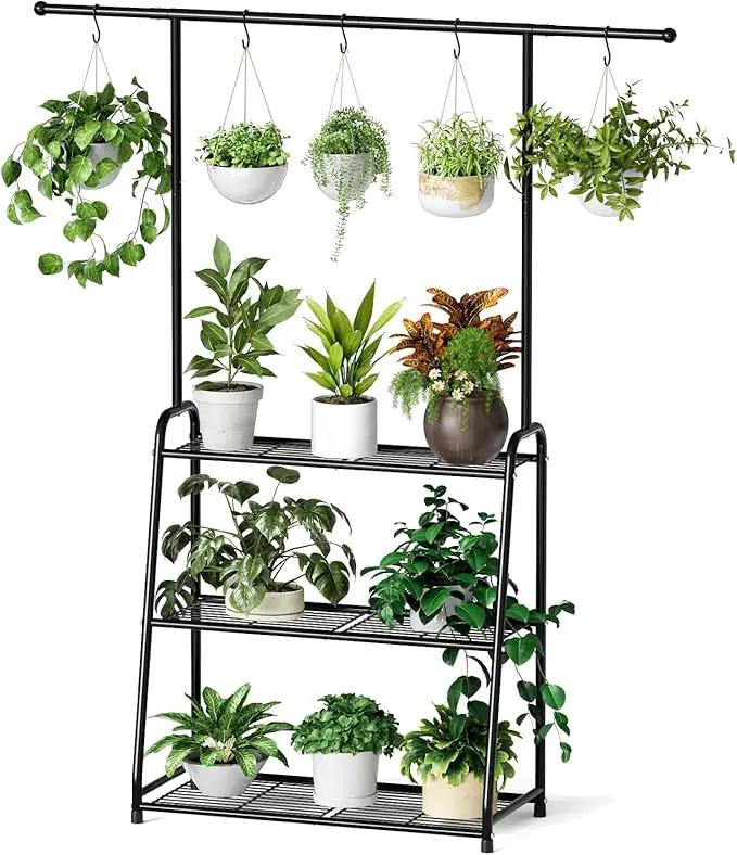 3-Tier Heavy-Duty Metal Plant Stand for Indoor and Outdoor Use, Hanging Plant Shelf for Multiple Flower Planter Holder, Tall Large Rack Ideal for Living Room, Garden, Balcony, Black by GreenHaven Gardens