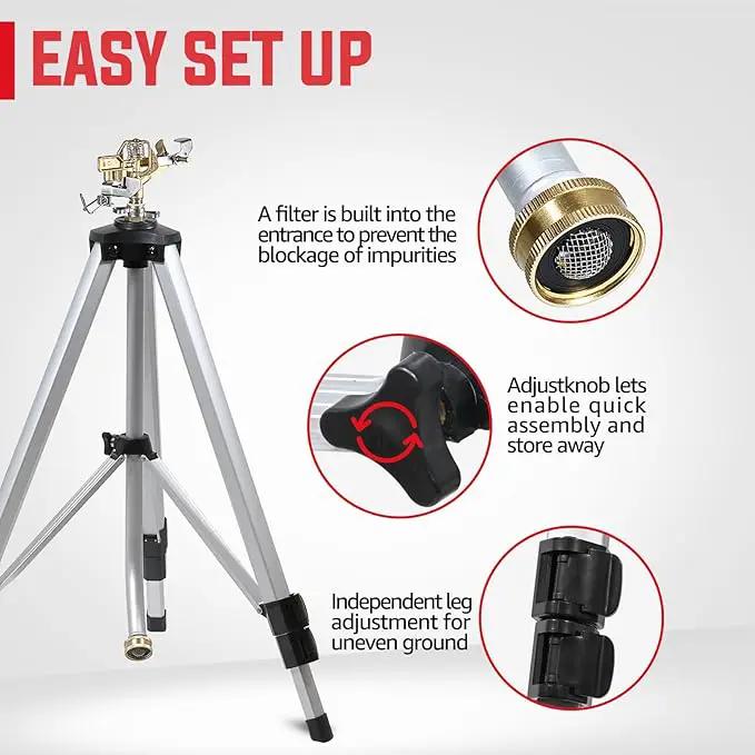 YAMATIC Impact Sprinkler on Adjustable Tripod Base, 360 Degree Large Area, Heavy Duty Adjustable Pulsator Sprinkler for Lawn, Yard and Grass Irrigation, Spray up to 20-90ft(Brass Head) by GreenHaven Gardens
