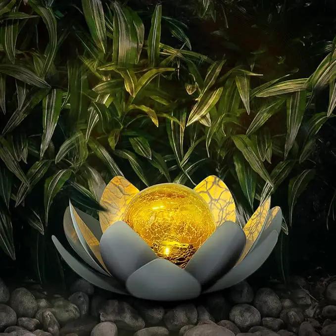 Huaxu Solar Lights Outdoor Garden Decor , Amber Crackle Globe Glass Lotus Decoration,Waterproof Gray Metal Flower Light for Patio,Lawn,Walkway,Tabletop,Ground by GreenHaven Gardens