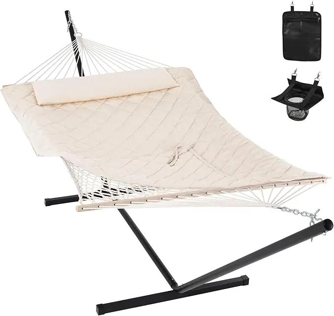 ANOW Heavy Duty Hammock with 12FT Steel Stand Included, Rope Hammock with Detachable Pillow and Pad, 450 LBS Weight Capacity, Cream by GreenHaven Gardens