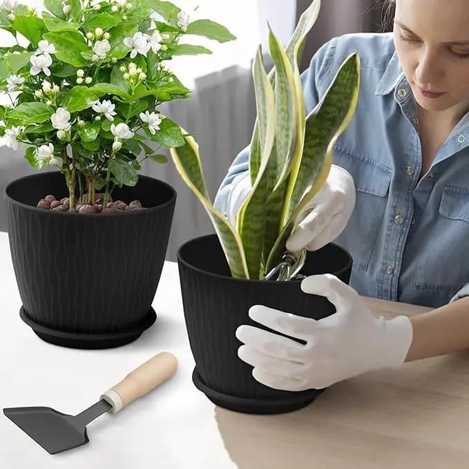 Plant Pots – 6 Inch Planters with Drainage Holes and Saucers, Flower Pots for Indoor and Outdoor Plants, Nursery Planting Pots (Pack of 5, Black) by GreenHaven Gardens