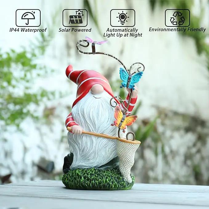 Garden Gnome Statue, Solar Funny Gnomes Figurine Catching Butterflies with LED Lights Waterproof Resin Outdoor Decor for Patio Lawn Yard Home Tabletop Decoration by GreenHaven Gardens