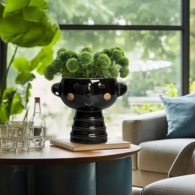 Face Planter - 7 Inch Ceramic Head Planters for Indoor Plants Outdoor, Cute Succulent Pots with Drainage Hole, Decorative Plant Pot, Home Office Room Decor, Black by GreenHaven Gardens
