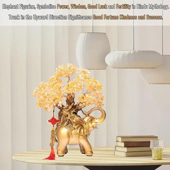 Citrine Crystal Money Tree on Gold Elephant Statue, 17”Large Gemstone Bonsai Tree of Life Home Décor Gifts for Wealth Positive Energy, Feng Shui Décor by GreenHaven Gardens