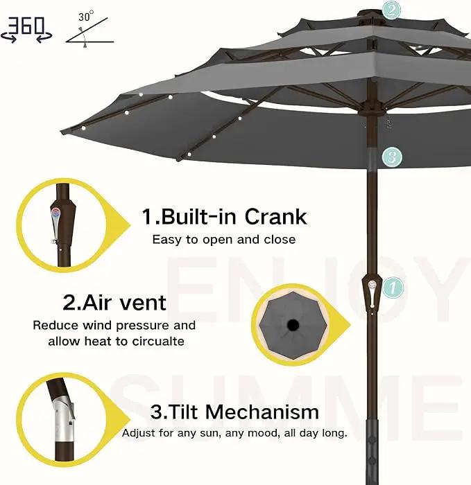 Kingdura 9ft 3-Tier Patio Umbrella with Solar Lights, Table Umbrella Outdoor Patio with Easy Crank & Tilt, 8 Sturdy Ribs, UV Protection, 32 LED Lights for Deck, Poolside, Market (Grey) by GreenHaven Gardens