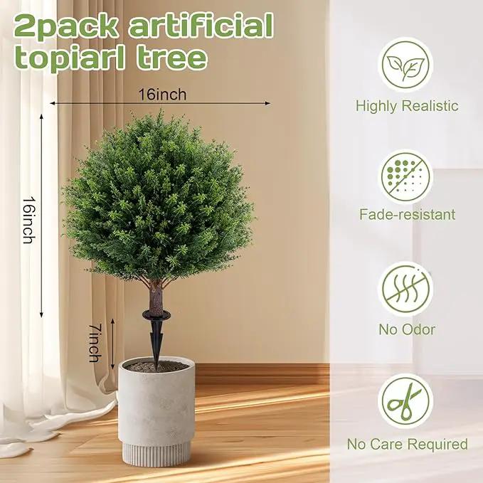Artificial Cedar Topiary Ball Tree 23" with Ground Spike, Set of 2 Artificial Boxwood Bushes for Faux Shrubs, Fake Evergreen Faux Plant for Indoor Outdoor Porch Garden- UV Resistant – Fade-Proof by GreenHaven Gardens