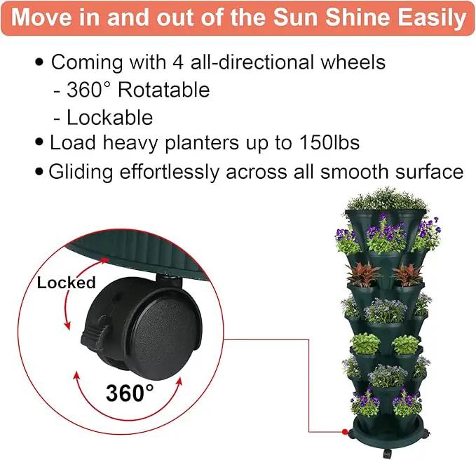 Vertical Planter 7 Tier Stackable Planters Garden Planters Strawberry Herb Flower and Vegetable Planter Indoor Outdoor Gardening Pots with Removable Wheels and Tools by GreenHaven Gardens