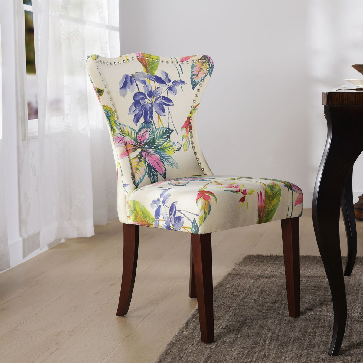 Off-White Floral Upholstered Accent Chair with Hardwood Frame - Armless