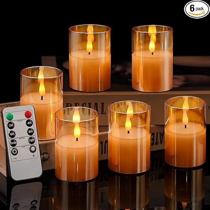 6Pack Glass Flickering Flameless Candles with Remote, 2"X3" Real Wax Votive Candles Battery Operated, Small Electric LED Candles for Wedding Home Decor, w/4 Timers+2 Lighting Modes [Gold] by GreenHaven Gardens