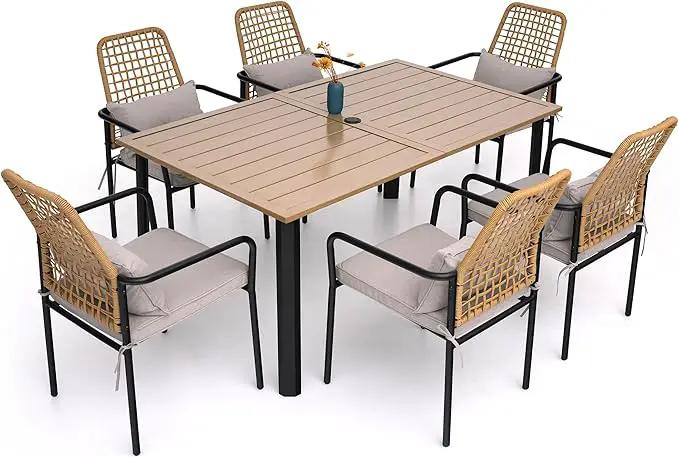 Outdoor Patio Table for 6 Person, Patio Dining Rectangle Table with 1.57" Umbrella Hole for Garden Lawn Backyard Parties, Black Metal Frame 63" L x 38" W x 29" H Brown by GreenHaven Gardens
