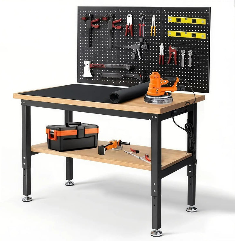 Workbench with Double Layers 48 x 20 Inch Heavy Duty Rubberwood Tabletop Work Table for Garage Adjustable Height Work Bench with Power Outlets Pegboard Pad for Woodworking Shop, Home, Office by GreenHaven Gardens