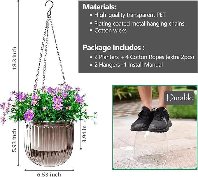 6.5 Inch 2 Pcs Self Watering Hanging Planter Indoor Plant Pots Drainage Holes, Outdoor Hanging Planters Flower Pot Basket, Visible Water Level, Plant Hanger Home Decor, Gardening by GreenHaven Gardens