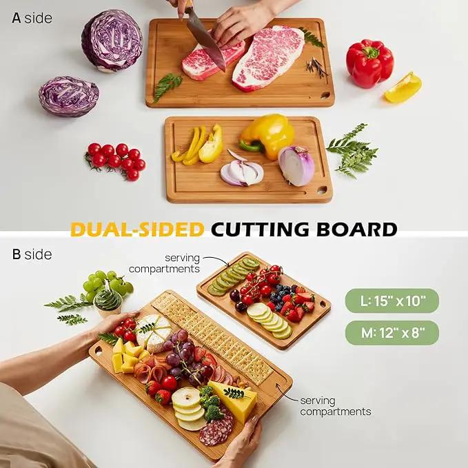Butcher Block 2-Pcs Carbonized Bamboo Cutting Board Set With Juice Groove For Meal Prep & Cheese Serving - Ideal Kitchen Gift Set of 2 (M+L) by GreenHaven Gardens