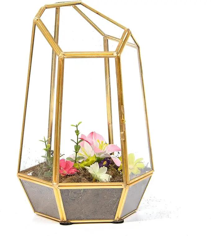 Golden Geometric Glass Terrarium with Door - 9.8" Tall Irregular Clear Planter for Succulents,Ferns,Moss,Cacti | Indoor Fairy Garden,Tabletop Display,Wedding Home Decoration (Plants Not Included) by GreenHaven Gardens