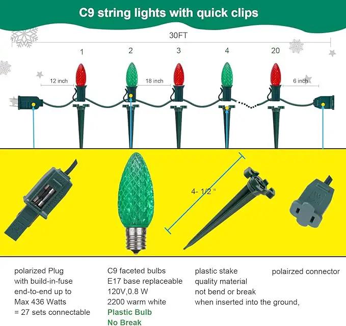 C9 Christmas Pathway Lights with Stakes,Red Green,2 Pack Total 60 Ft 40 Strawberry LED Bulbs,Connectable Shatterproof Outdoor Lights Marker for Xmas Yard Garden Path Lawn Walkway Sidewalk by GreenHaven Gardens