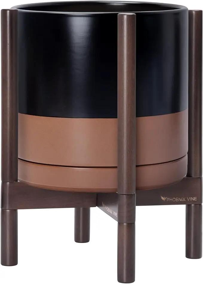 D'vine Dev Ceramic Planter with Walnut Color Stand - 12 Inch Modern Round Flower Pot with Wood Planter Holder, Black/Speckled Tan, 55-B-W-7 by GreenHaven Gardens