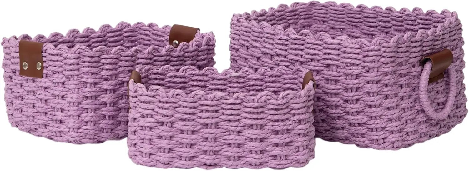Small baskets for Organizing,Cute woven Storage basket with recycled paper rope for Shelves Bathroom,Little decorative basket,Set of 3 (Purple) by GreenHaven Gardens