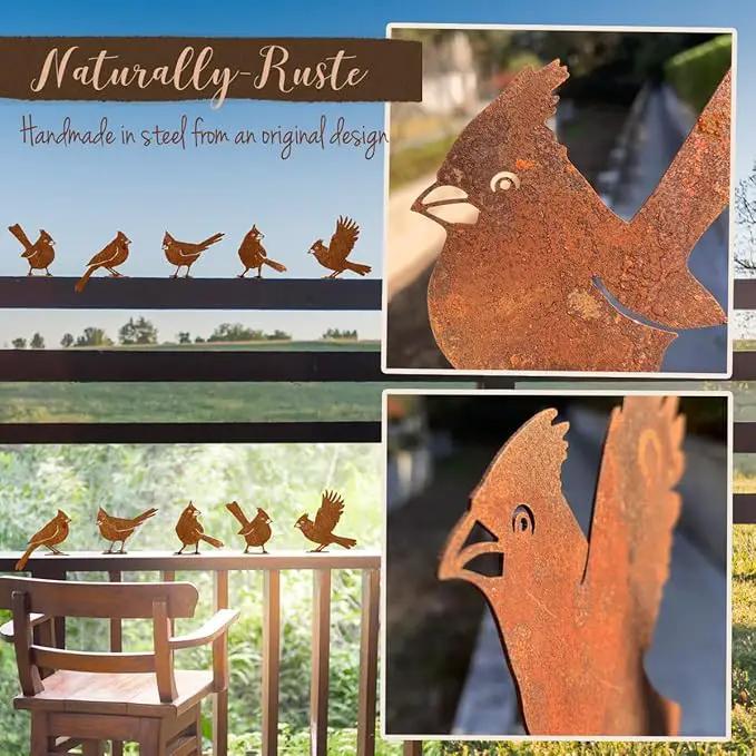 5PCS Rusty Birds Decoration, Fence Decorations Outdoor, Metal Birds Yard Decor Perfect Yard Art and Large Outdoor Ornaments, Cardinal Gifts by GreenHaven Gardens