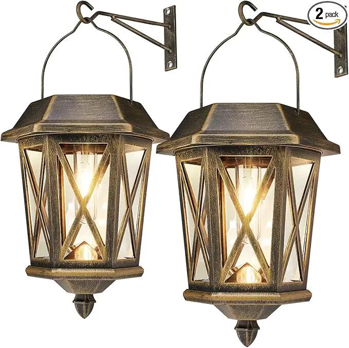 Solar Lantern Outdoor Waterproof, Metal Solar Lights Outdoor with Clear Glass, LED Solar Powered Lights Wall Mount for Yard Garden Wall Outdoor, Bronze - 2 Pack by GreenHaven Gardens