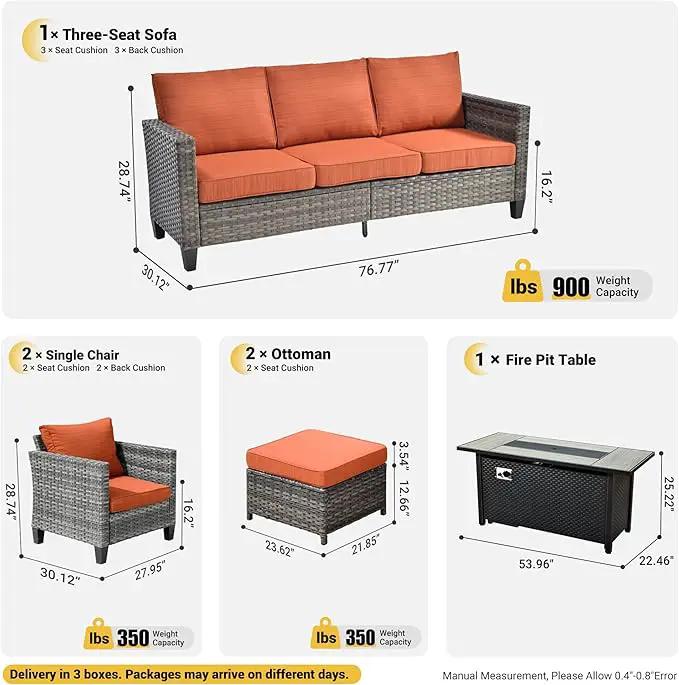 ovios 6 Pieces Patio Furniture Set with 54" Fire Pit Table, Outdoor Wicker Sofa with Comfy Cushions, All Weather High Back Rattan Couch Conversation Set, Orange Red by GreenHaven Gardens
