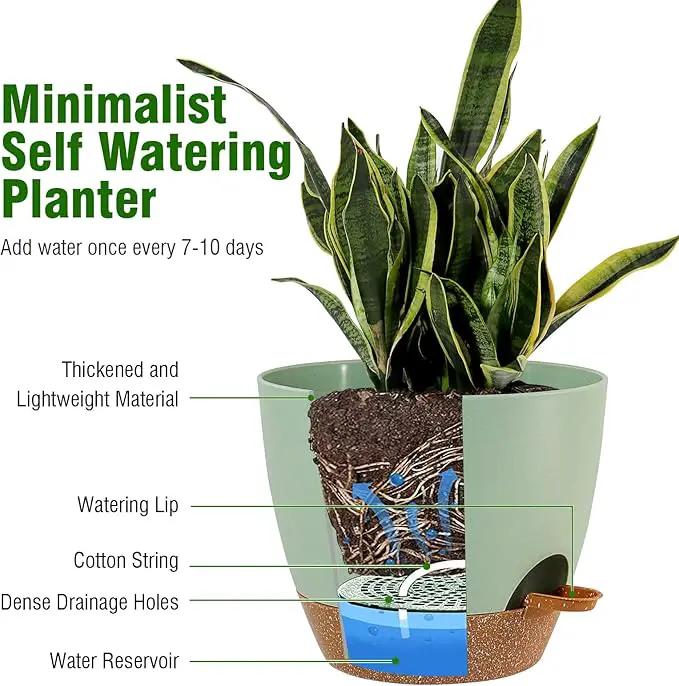 Large Self Watering Pots, 12/10/9 Plastic Planters with High Drainage Holes and Deep Reservoir for Indoor Outdoor Garden Plants and Flowers, Green with Brown by GreenHaven Gardens