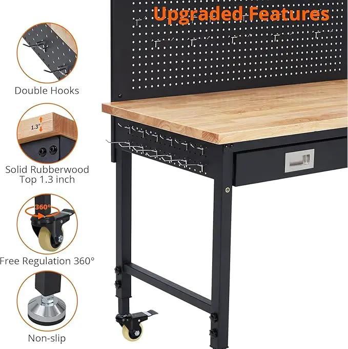 48'' Adjustable Workbench on Wheels, 2000LBS Heavy Duty Worktable with Power Outlets & Drawers & Pegboard, Rubberwood Workstation for Workshop, Garage, Office, Home by GreenHaven Gardens
