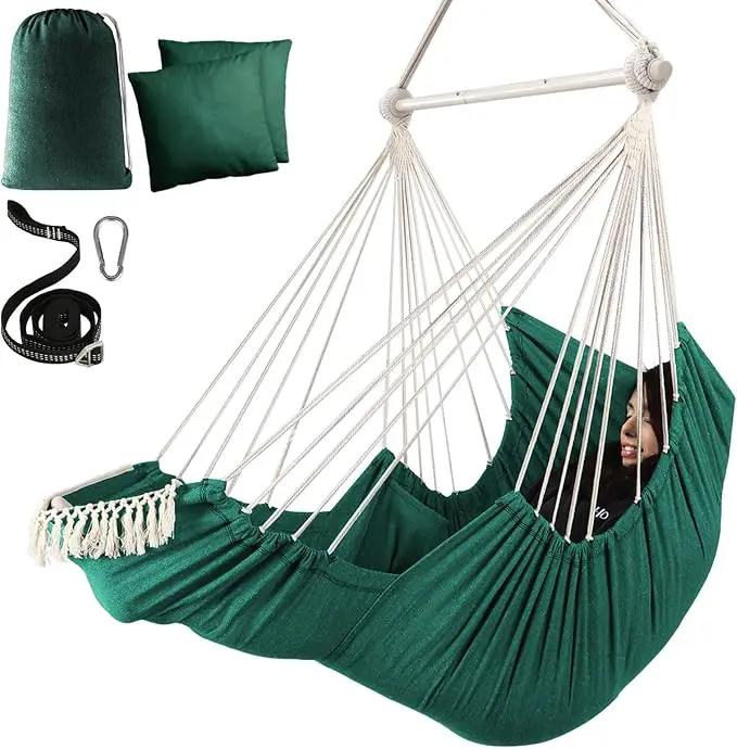 Chihee Hammock Chair Hanging Chair with Foot Rest 2 Cushions Max 500lbs Robust Metal Spreader Bar Collapsible Easy Storage Soft Cotton Swing Chair Strong Strap Iron Carabiner Side Pocket Included by GreenHaven Gardens