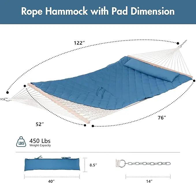 ANOW 2 Person Hammock with Detachable Large Hammock Pad and Pillow, for Garden Yard Outside, 450 LBS Weight Capacity, Blue by GreenHaven Gardens