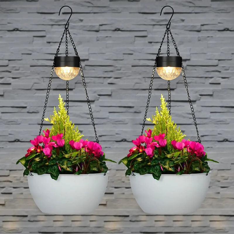 2 Packs Solar Hanging Basket Planters for Plants Outdoor, Self Watering White Flower Plants Pots with Solar Light Drainer for Balcony Patio Garden Outdoor Decoration by GreenHaven Gardens