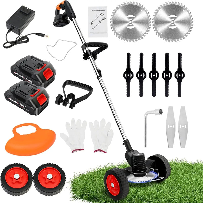 ALSO GO 21V Electric Weed Eater with Wheels,Cordless Battery Weed Wacker with Charger, 3 in 1 Brush Cutter/String Trimmer/Grass Trimmer/Lawn Mower,Edger for Garden and Yard Lawn,2 Batteries Include by GreenHaven Gardens
