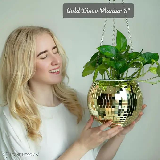SCANDINORDICA Disco Ball Planter – Value Package: Mirror Disco Planter with Chain, Macrame Hanger and Acrylic Stand for Desk, Includes Self Watering Insert, Disco Decor | 8 inch Gold by GreenHaven Gardens