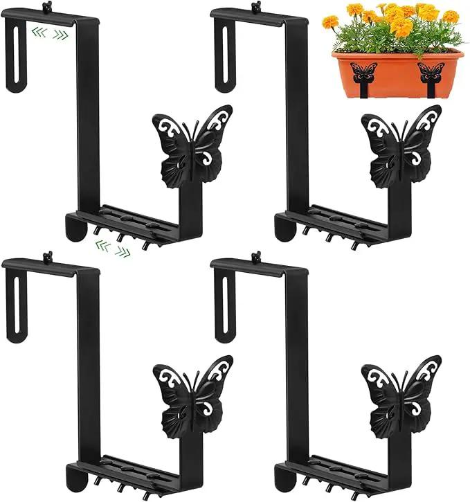 Planter Box Brackets, Adjustable Window Boxes Planters Brackets with Butterfly, Hanging Flower Box Stand Hooks for Deck Railing Pergola Balcony Garden - 4 Pack by GreenHaven Gardens
