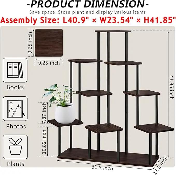 AZERPIAN Plant Stand 9 Tier Indoor Metal Flower Shelf for Multiple Plants Corner Tall Flower Holders for Patio Garden Living Room Balcony Bedroom, Black Oak by GreenHaven Gardens
