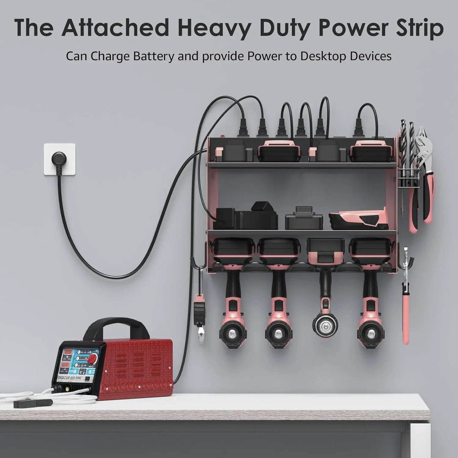 CCCEI Modular Power Tool Organizer Wall Mount with Charging Station. Garage 4 Drill Storage Shelf with Hooks, Drill Bit Heavy Duty Rack, Pink Tool Battery Holder Built in 8 Outlet Power Strip. by GreenHaven Gardens