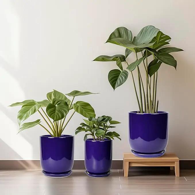 Ceramic Planter - 12 Inch Pots for Plants Ceramic Plant Pot Indoor with Drainage Hole and Saucer Large Planter Flower Pot Outdoor for Home Garden Decor Blue by GreenHaven Gardens
