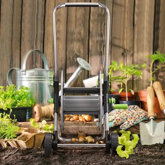 Garden Hose Reel Cart, Holds 75-150 Feet of 5/8-Inch Hose, Portable Hose Reel Cart With Wheels,Adjustable Handrail, Quick Hose Connector by GreenHaven Gardens