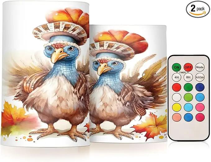 Flickering Flameless Candles, Cute Turkey Thanksgiving Pumpkin LED Candles with Remote Timer, Set of 2 Battery Operated Candle for Valentine Wedding Birthday by GreenHaven Gardens