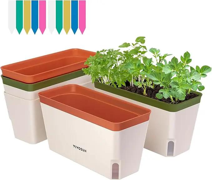 VIVOSUN Self-Watering Planters, 4-Pack 10.5 Inch Compact Rectangular Window Herb Planter Box with 10 PCS Plant Labels, Plant Container for Basil, Flowers, Succulents, Indoor & Outdoor by GreenHaven Gardens