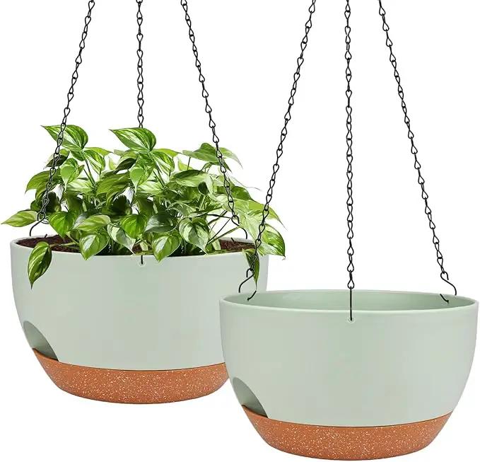 Hanging Planters for Outdoor Indoor Plants, 2 Pack 12 Inch Hanging Basket Plants Outdoor, Self Watering Hanging Planter with Plant Hanger for Garden Home Decoration (Green) by GreenHaven Gardens