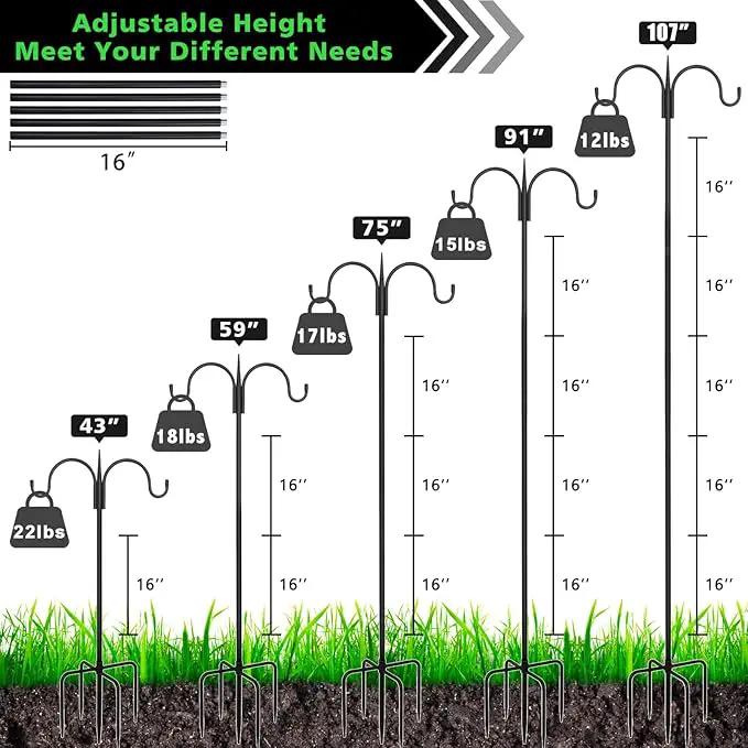 FEED GARDEN Adjustable Double Shepherds Hook for Outdoor with 5 Prong Base 108 Inch Heavy Duty Two Sided Bird Feeder Pole for Hanging Plant Baskets, Solar Light Lanterns, Wind Chimes 2 Pack by GreenHaven Gardens