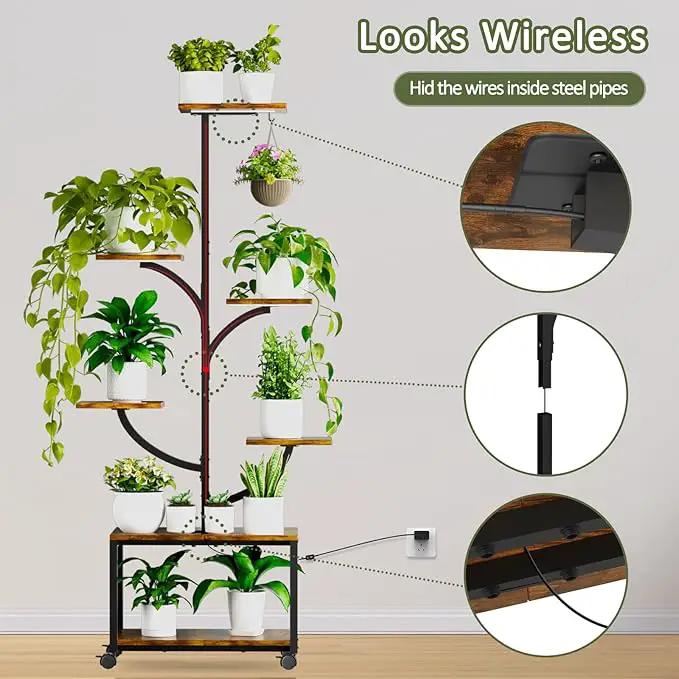 Plant Stand Indoor with Grow Lights, 60" Tall 7-Tier Metal Plant Stand with Wheels & Tree-Shaped Design for Indoor Plants, Flower Holder Display Rack for Home, Patio - Black by GreenHaven Gardens