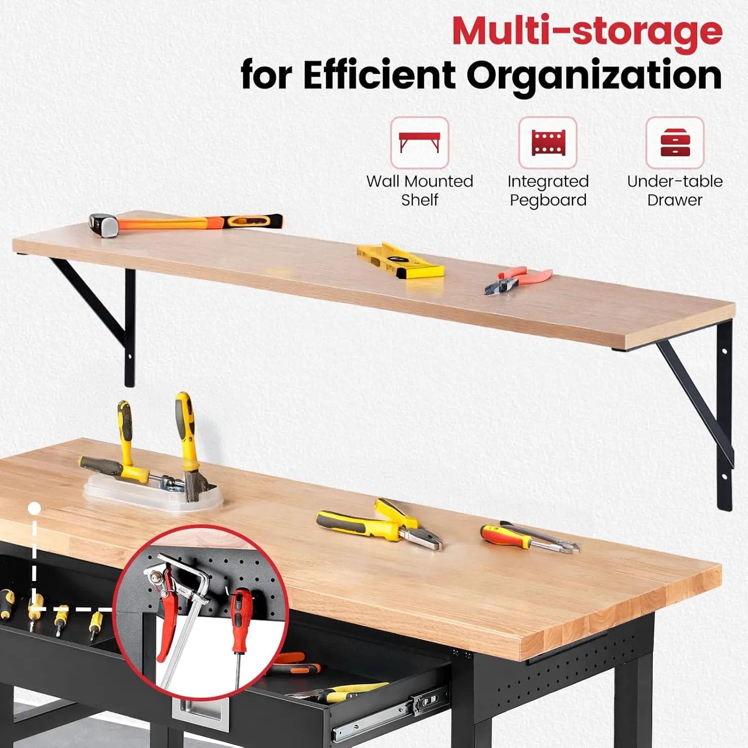 Work Bench for Garage with Shelf Bracket 60 x 22 Inch Heavy Duty Rubberwood Tabletop Work Table Adjustable Height Workbench with Drawer, Power Outlets for Woodworking Shop, Home, Office by GreenHaven Gardens