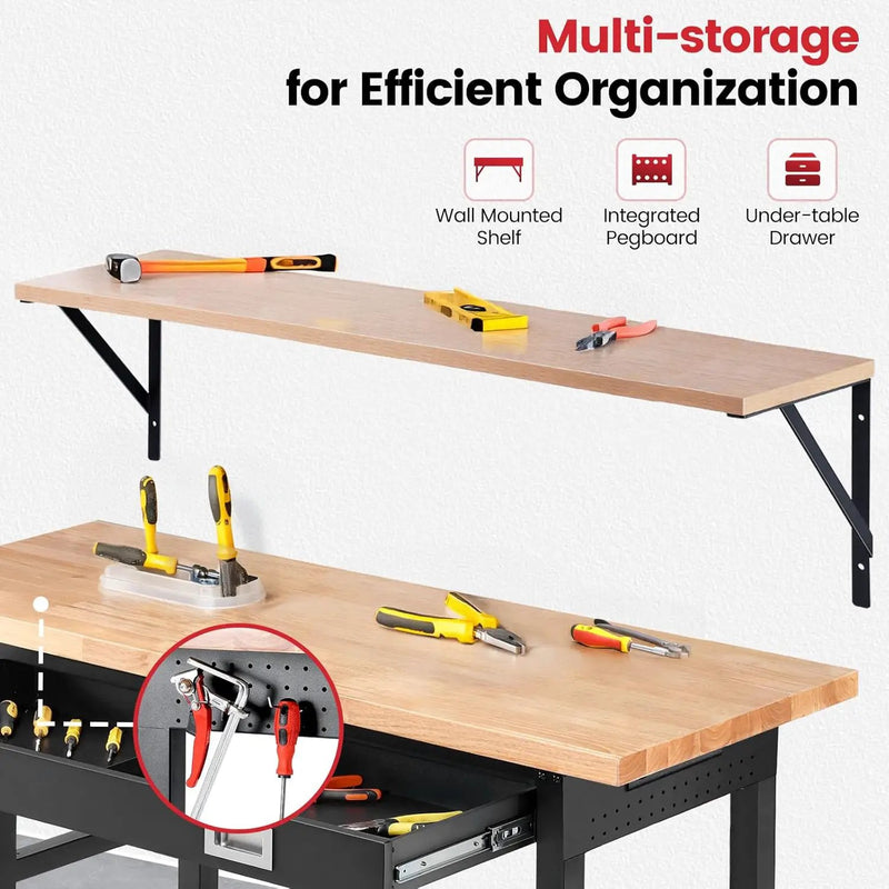 Work Bench for Garage with Shelf Bracket 60 x 22 Inch Heavy Duty Rubberwood Tabletop Work Table Adjustable Height Workbench with Drawer, Power Outlets for Woodworking Shop, Home, Office by GreenHaven Gardens