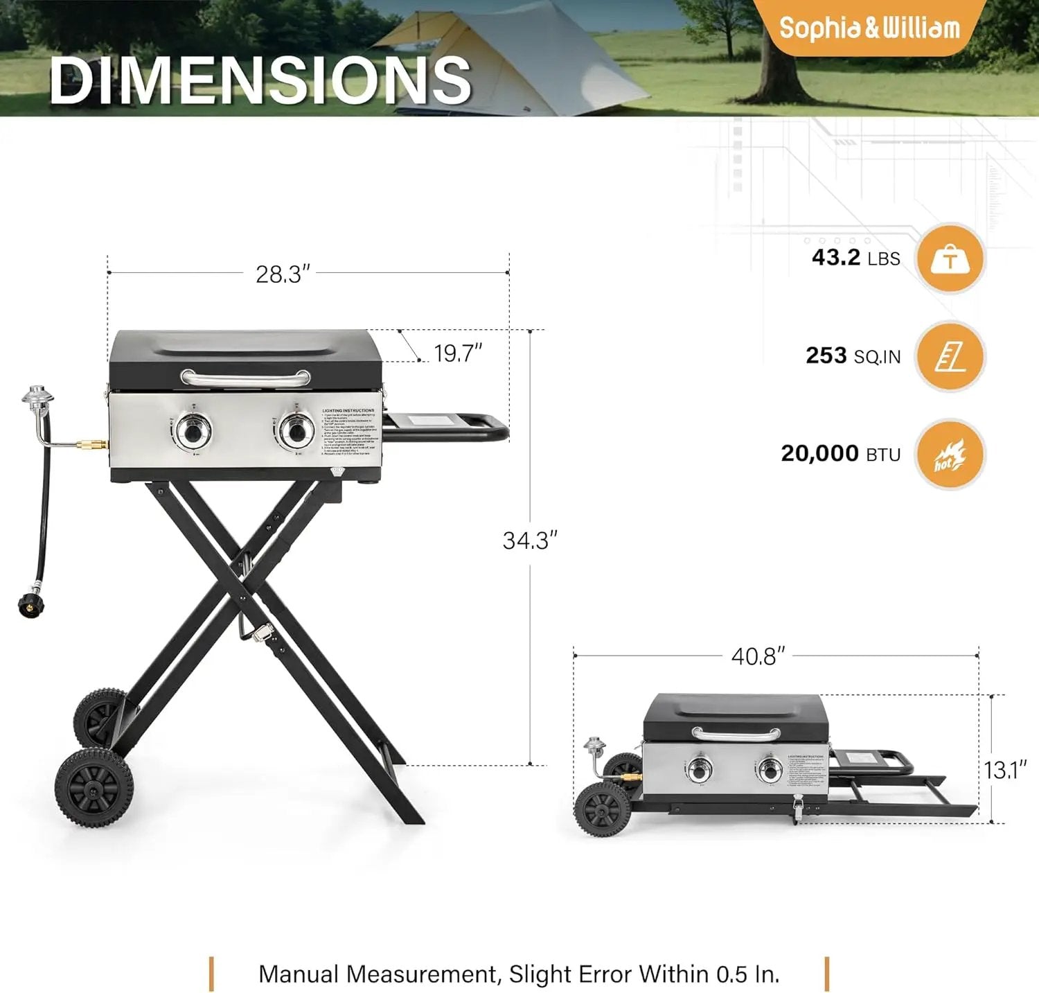 Sophia & William Portable Gas Grill Griddle, Small Propane BBQ grill with Foldable Legs & Wheels for Outdoor Barbecue, Camping, Tailgating, Roadtrip, RV, 2 Burner Flat Top Griddle, 20,000 BTU, Black by GreenHaven Gardens