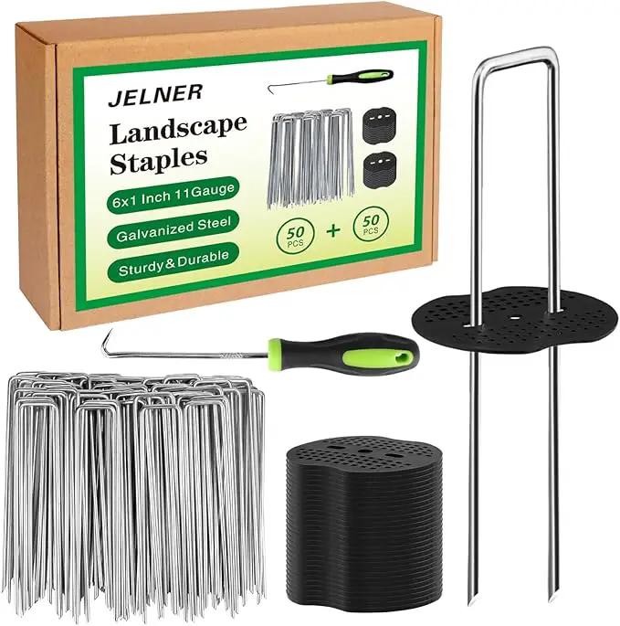 Landscape Staples Set,6 Inch 11 Gauge 50pcs Galvanized Garden Stakes + 50pcs Gaskets + 1Pick Hook,U-Shaped Tent Stakes Landscaping Fabric SOD Pins for Weed Fabric Barrier,Groud Cover,Fence by GreenHaven Gardens